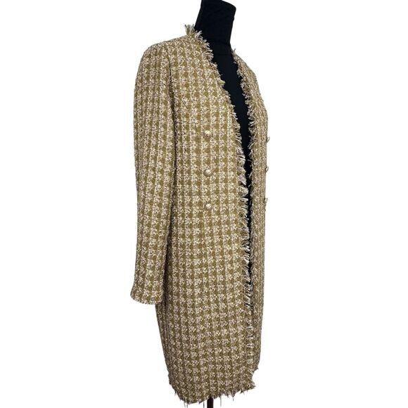Elie Tahari Womens Long Tweed Jacket M Metallic Gold Crest Old Money Uptown Chic - Picture 2 of 16